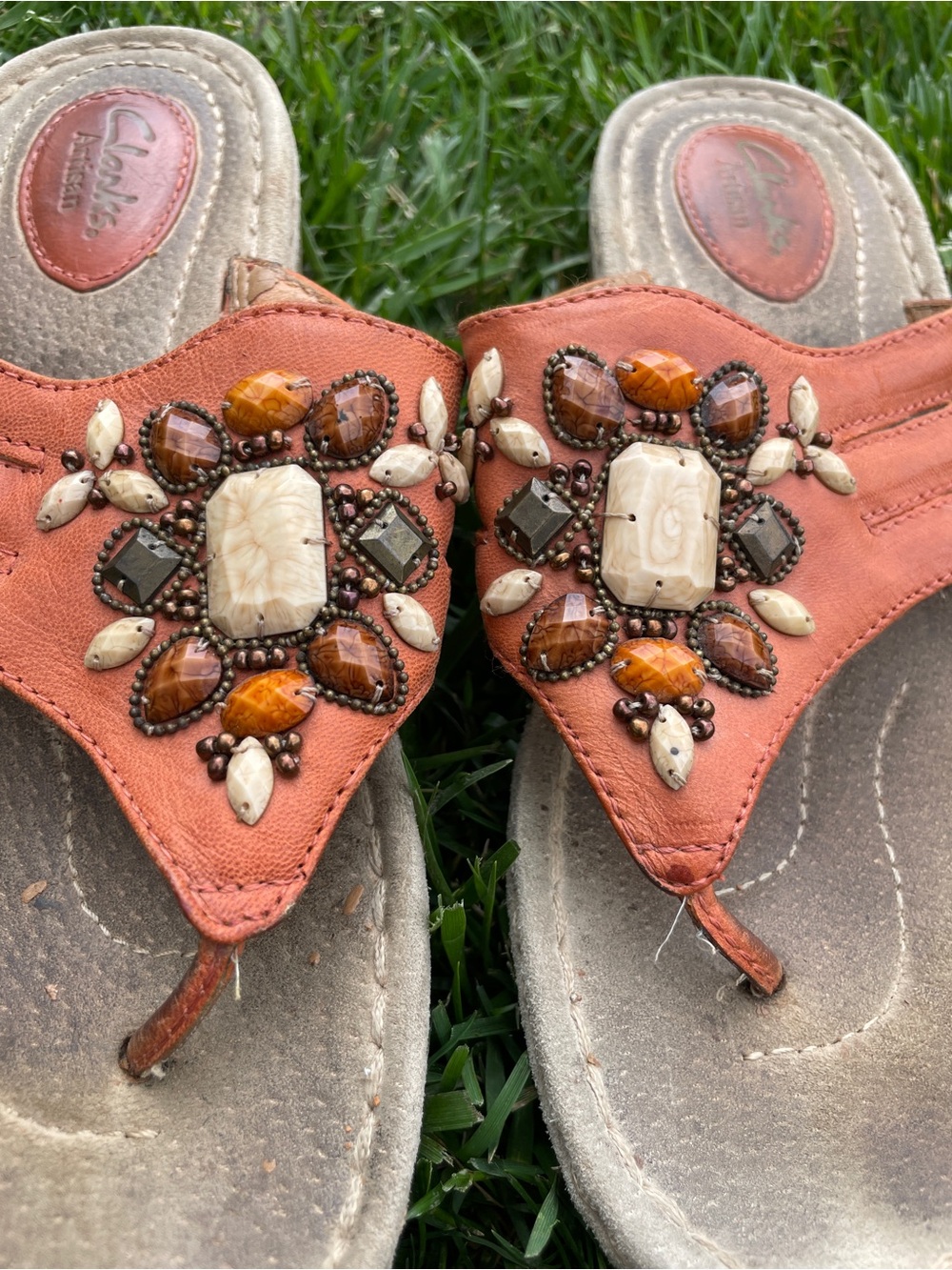 Boho Orange Beaded Embellished Leather Platform Sandals Clarks Artisan 8 - Picture 3 of 4